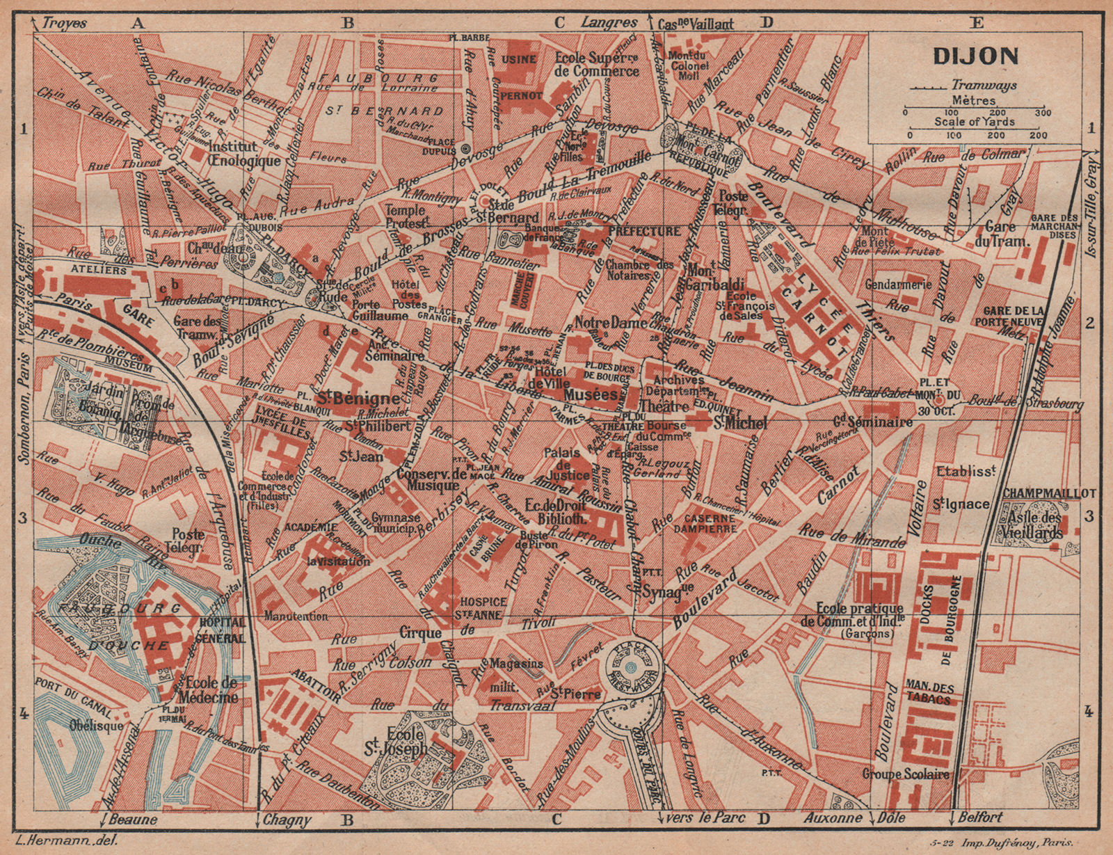 DIJON. Vintage town city ville map plan carte. Côte-d'Or 1922 old antique